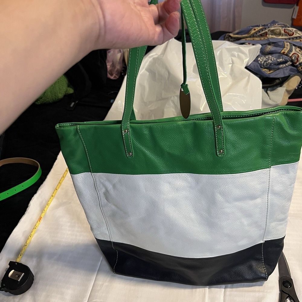 Cynthia Rowley Green White Blue‎ Color Block Leather Purse Shoulder Bag Tote